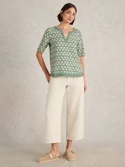 White Stuff Blue Weaver Notch Neck 100% Organic Cotton Top - Image 3 of 6