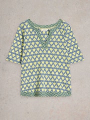 White Stuff Blue Weaver Notch Neck 100% Organic Cotton Top - Image 5 of 6