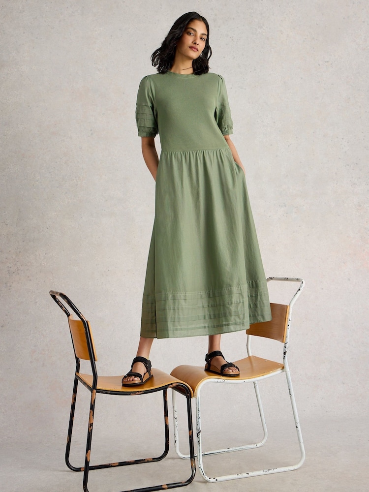White Stuff Green Claudia Fabric Mix 100% Organic Cotton Dress - Image 3 of 6