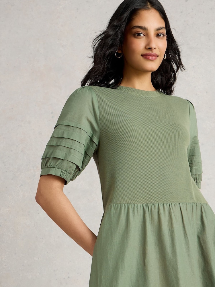 White Stuff Green Claudia Fabric Mix 100% Organic Cotton Dress - Image 4 of 6