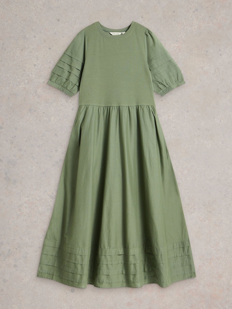 White Stuff Green Claudia Fabric Mix 100% Organic Cotton Dress - Image 5 of 6