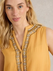 White Stuff Yellow Tulip Mix Sleeveless 100% Organic Cotton Shirt - Image 4 of 6