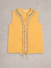 White Stuff Yellow Tulip Mix Sleeveless 100% Organic Cotton Shirt - Image 5 of 6