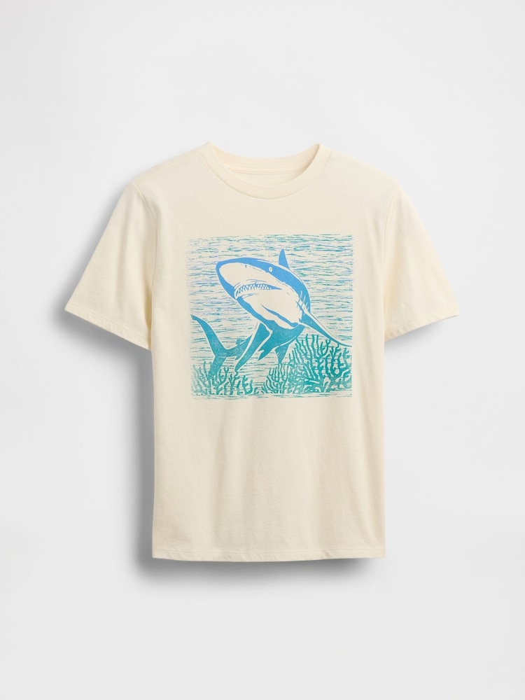 Gap Beige Shark Graphic Short Sleeve Crew Neck T-Shirt (4-13yrs) - Image 1 of 3 Gap Beige Shark Graphic Short Sleeve Crew Neck T-Shirt (4-13yrs) - Image 1 of 3