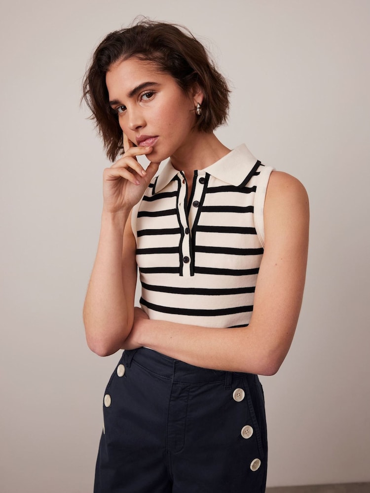 Mint Velvet Cream Striped 100% Cotton Polo Top - Image 3 of 8