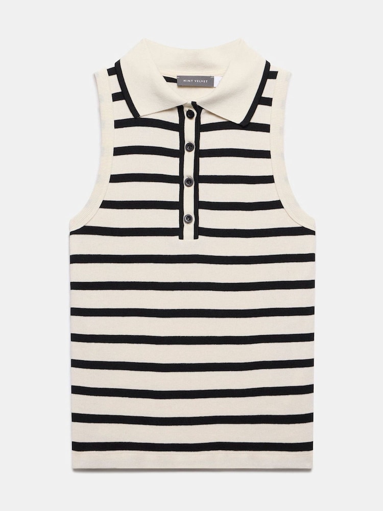 Mint Velvet Cream Striped 100% Cotton Polo Top - Image 6 of 8