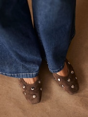 Mint Velvet Brown Coco Suede Studded Leather Flat Shoes - Image 1 of 5