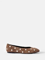 Mint Velvet Brown Coco Suede Studded Leather Flat Shoes - Image 2 of 5