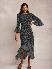 Mint Velvet Black Floral Print Midi Dress - Image 1 of 9