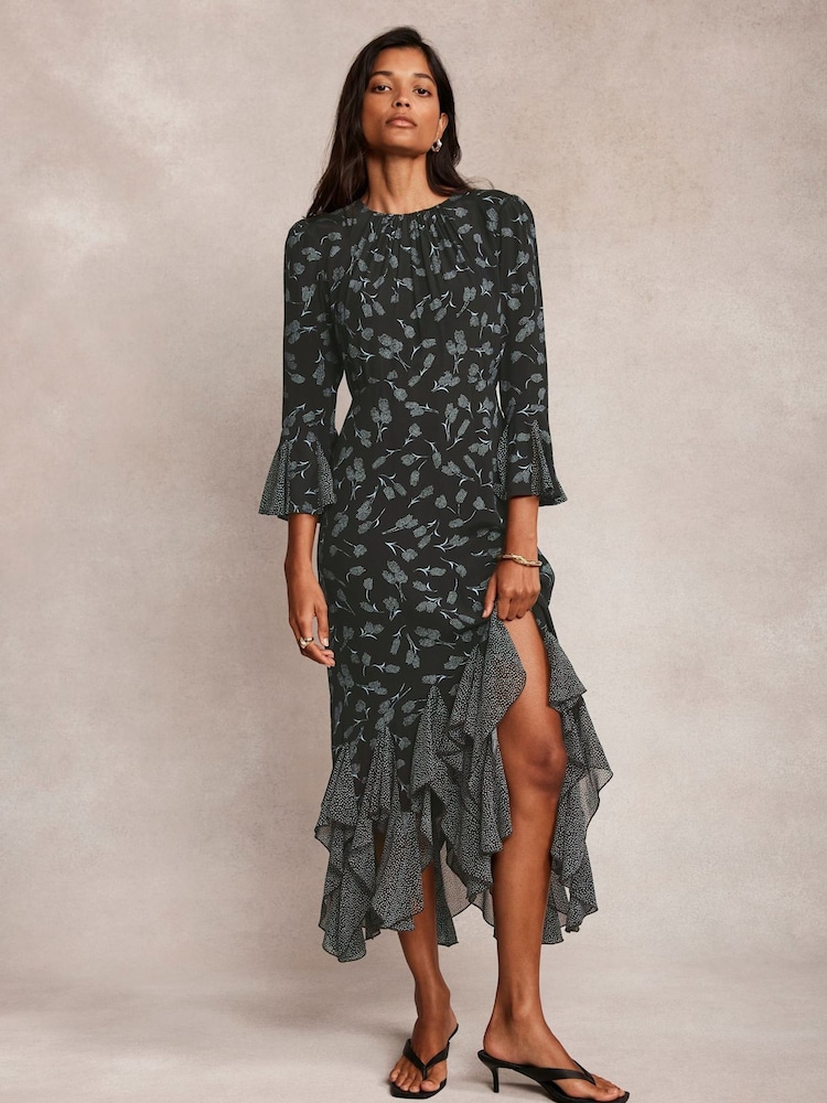 Mint Velvet Black Floral Print Midi Dress - Image 5 of 9