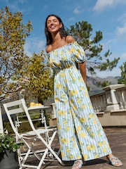 Blue Off Shoulder Wide Leg Jumpsuit - Image 1 of 7