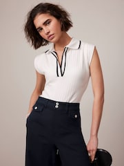 Mint Velvet White Contrast Polo Top - Image 1 of 9