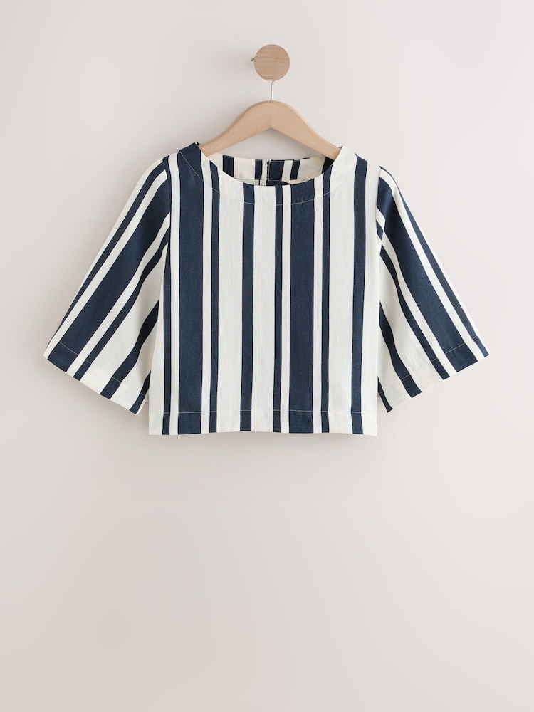 Navy/White Sleeved Summer T-Shirt with Linen - Image 1 of 1 Navy/White Sleeved Summer T-Shirt with Linen - Image 1 of 1