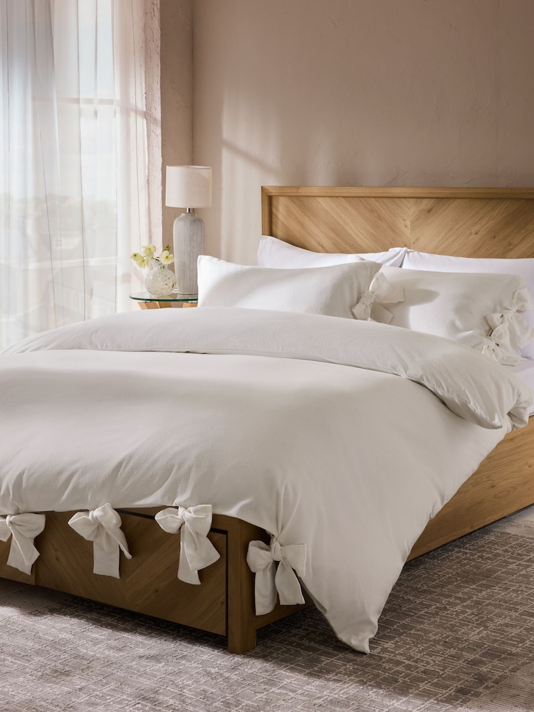 White Brushed Supersoft Cotton Bow Tie Edge Duvet Cover And Pillowcase Set - Image 1 of 5 White Brushed Supersoft Cotton Bow Tie Edge Duvet Cover And Pillowcase Set - Image 1 of 5
