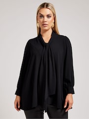 Yours Curve Black Tie-Neck Gather Blouse - Image 1 of 5
