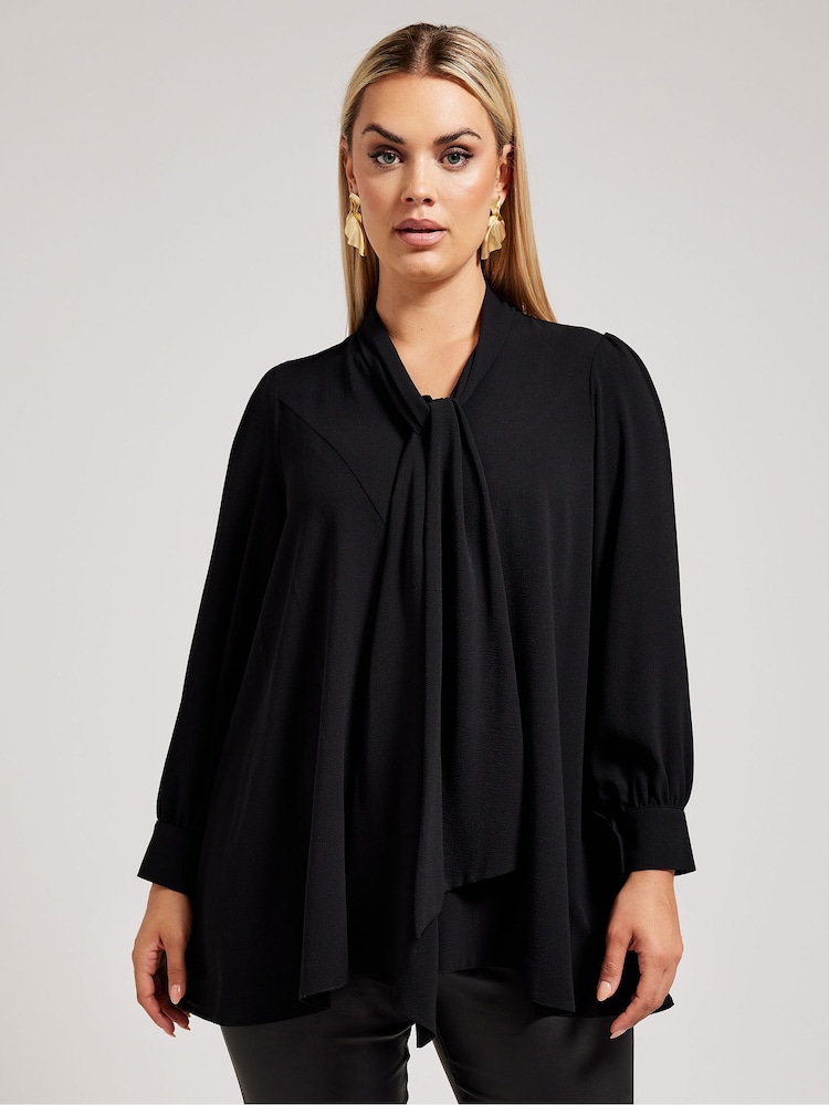 Yours Curve Black Tie-Neck Gather Blouse - Image 1 of 5