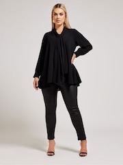 Yours Curve Black Tie-Neck Gather Blouse - Image 2 of 5