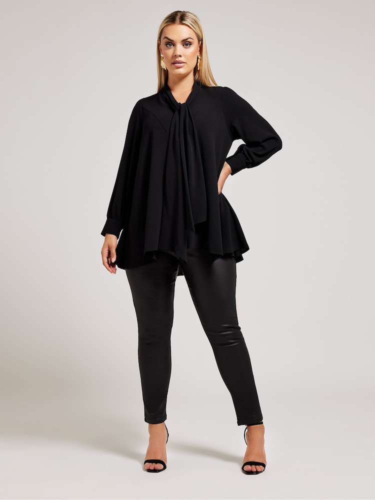 Yours Curve Black Tie-Neck Gather Blouse - Image 2 of 5