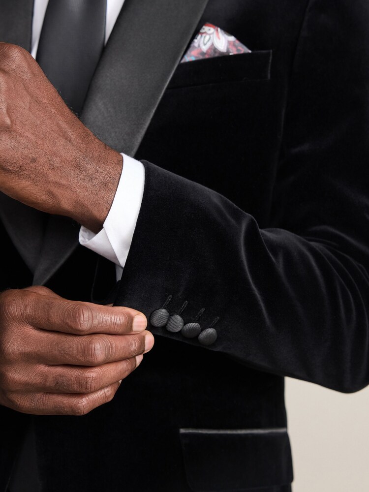 Black Slim Fit Regular Fit Signature Pontoglio Italian Velvet Blazer With Shawl Lapel - Image 5 of 5