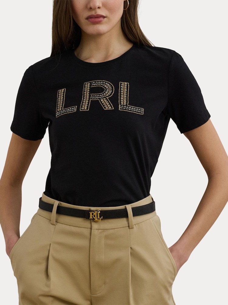 Lauren Ralph Lauren Katlin Sequin Logo Jersey Black T-Shirt - Image 7 of 7