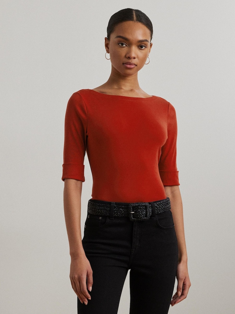 Lauren Ralph Lauren Red Judy Quarter Sleeve Stretch Cotton Boatneck Top - Image 1 of 5