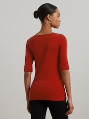 Lauren Ralph Lauren Red Judy Quarter Sleeve Stretch Cotton Boatneck Top - Image 2 of 5
