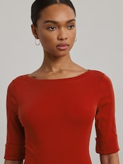 Lauren Ralph Lauren Red Judy Quarter Sleeve Stretch Cotton Boatneck Top - Image 3 of 5