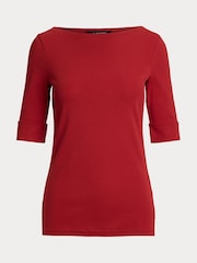 Lauren Ralph Lauren Red Judy Quarter Sleeve Stretch Cotton Boatneck Top - Image 5 of 5