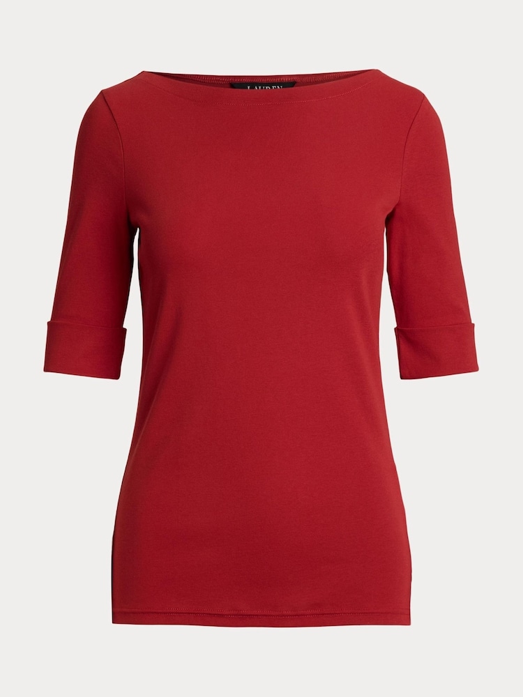 Lauren Ralph Lauren Red Judy Quarter Sleeve Stretch Cotton Boatneck Top - Image 5 of 5