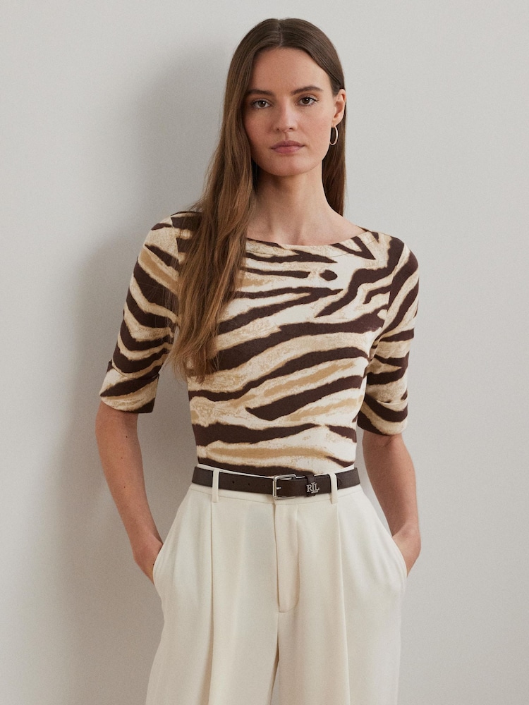 Lauren Ralph Lauren Cream Judy Zebra Print Quarter Sleeve Jersey Top - Image 1 of 5