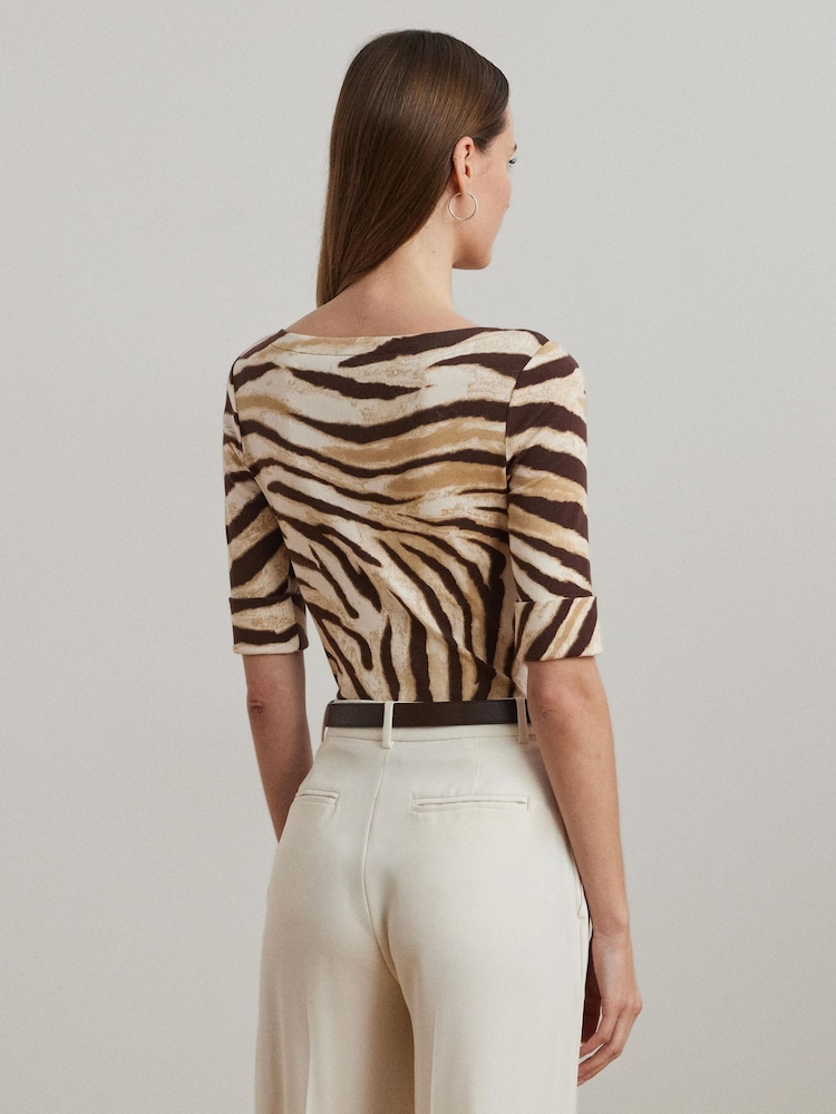 Lauren Ralph Lauren Cream Judy Zebra Print Quarter Sleeve Jersey Top - Image 2 of 5