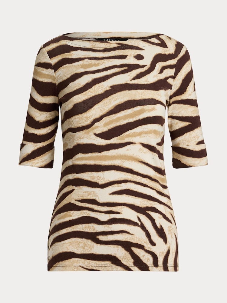 Lauren Ralph Lauren Cream Judy Zebra Print Quarter Sleeve Jersey Top - Image 5 of 5