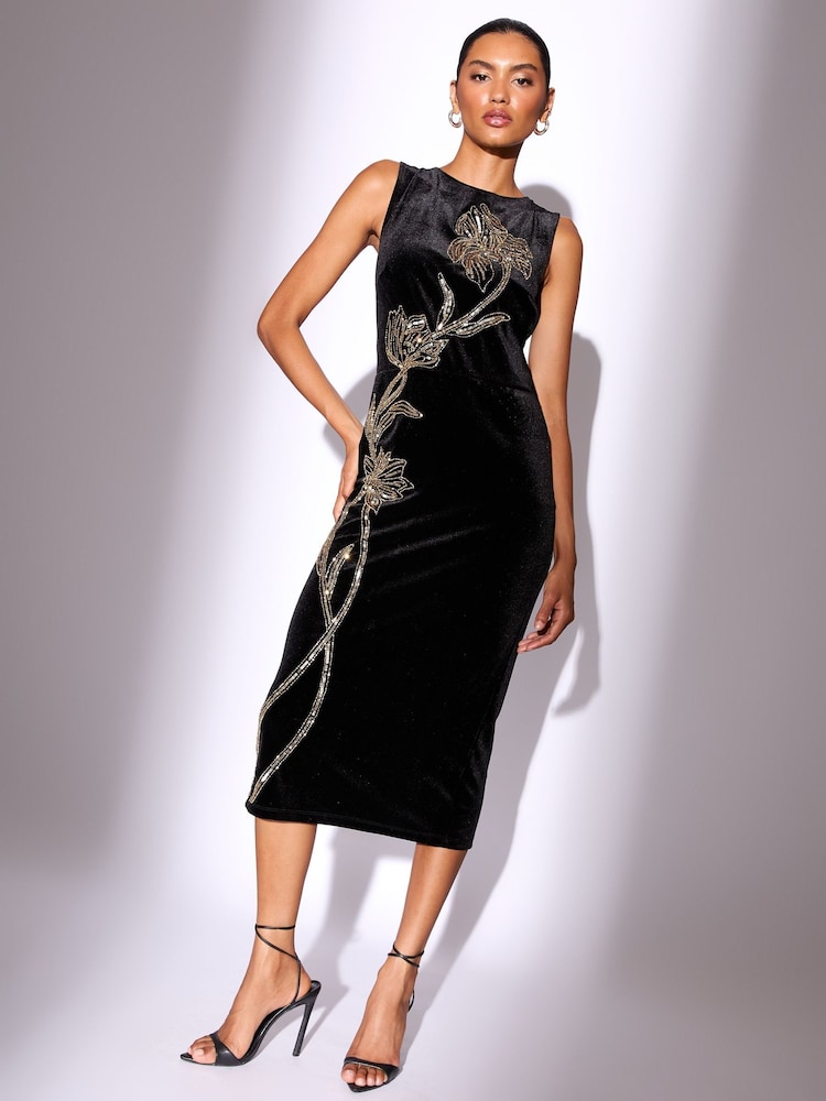 Lipsy Black Velvet Embellished Sleeveless Column Midaxi Dress - Image 1 of 4