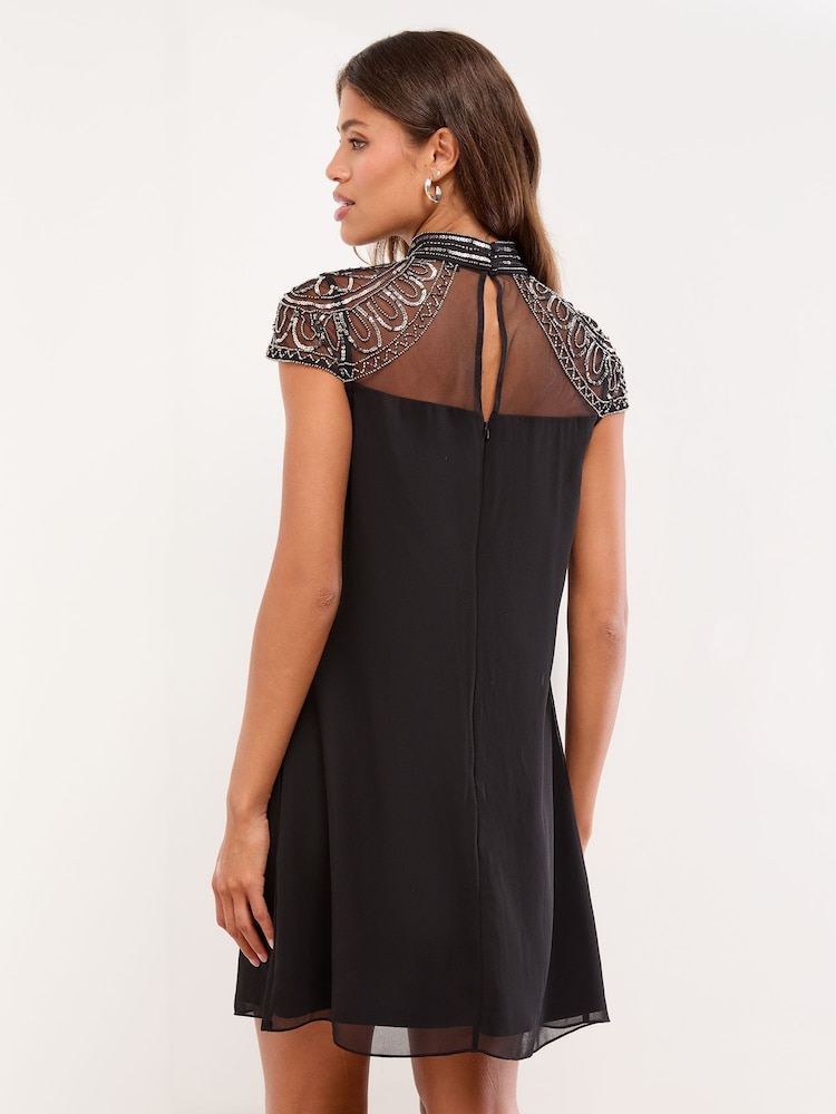 Lipsy Black Mini Mesh Embellished Beaded Neck Shift Dress - Image 2 of 4 Lipsy Black Mini Mesh Embellished Beaded Neck Shift Dress - Image 2 of 4