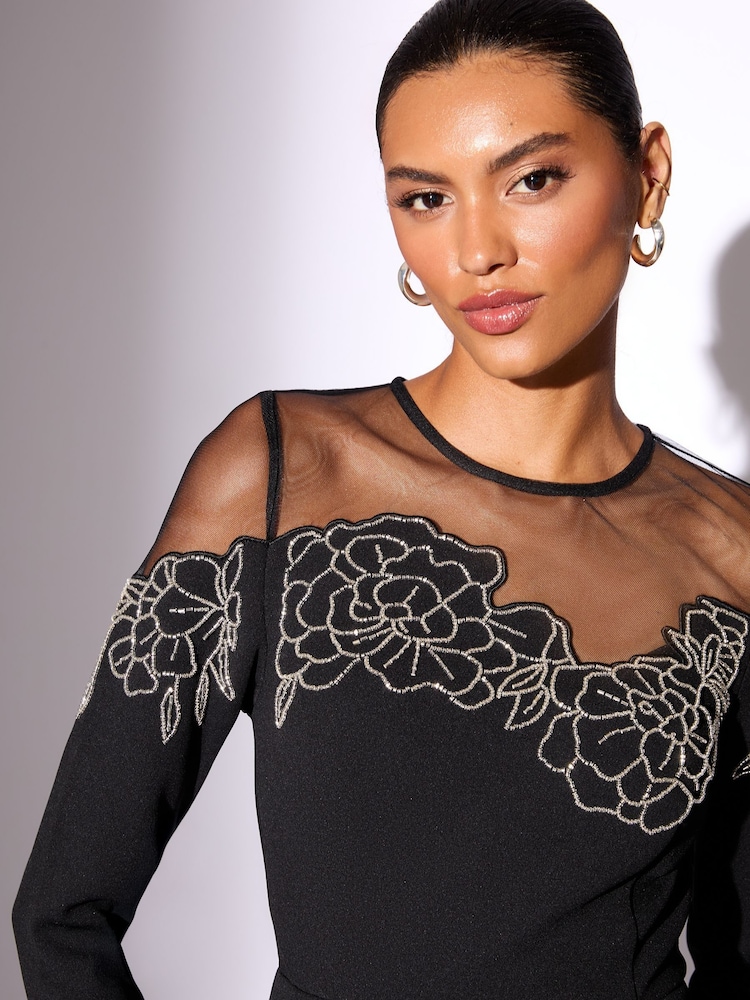 Lipsy Black Embellished Floral Long Sleeve Skater Mini Dress - Image 4 of 4