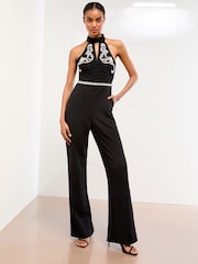 Lipsy Black Embellished Halter Neck Ruched Mesh Mix Jumpsuit - Image 1 of 4