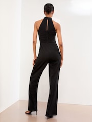 Lipsy Black Embellished Halter Neck Ruched Mesh Mix Jumpsuit - Image 2 of 4