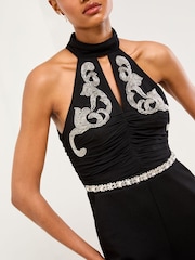 Lipsy Black Embellished Halter Neck Ruched Mesh Mix Jumpsuit - Image 3 of 4
