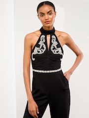 Lipsy Black Embellished Halter Neck Ruched Mesh Mix Jumpsuit - Image 4 of 4