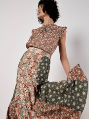 Apricot Green Floral Print Trio Patchwork Midi Skirt - Image 2 of 5