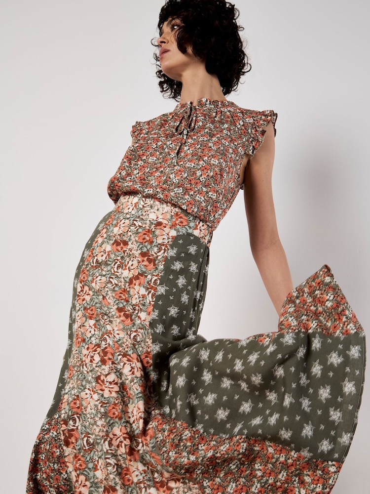 Apricot Green Floral Print Trio Patchwork Midi Skirt - Image 2 of 5