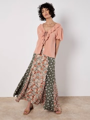 Apricot Green Floral Print Trio Patchwork Midi Skirt - Image 5 of 5
