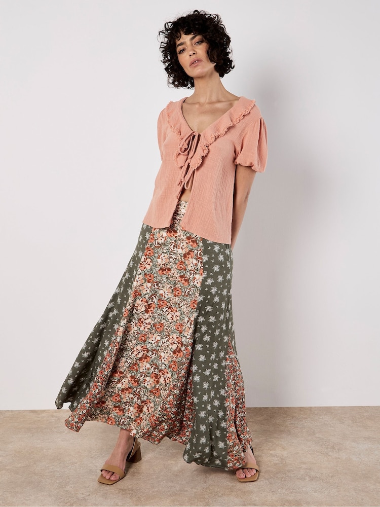 Apricot Green Floral Print Trio Patchwork Midi Skirt - Image 5 of 5