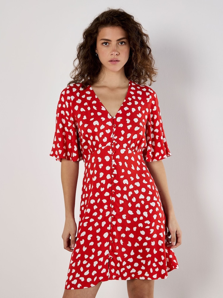 Apricot Red Painterly Heart Angel Sleeve Dress - Image 2 of 4