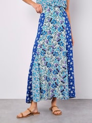 Apricot Blue Floral Print Trio Patchwork Midi Skirt - Image 2 of 4