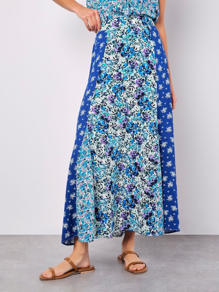 Apricot Blue Floral Print Trio Patchwork Midi Skirt - Image 2 of 4