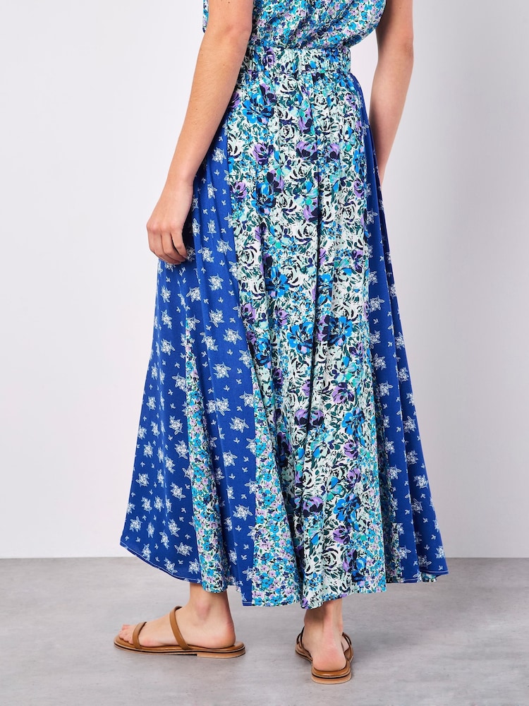 Apricot Blue Floral Print Trio Patchwork Midi Skirt - Image 4 of 4