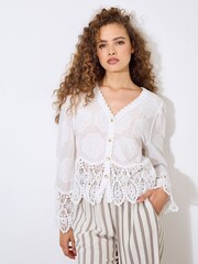 Apricot White Embroidered Daisies Lace Hem Top - Image 1 of 4