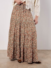 Apricot Green Ditsy Print Tiered Maxi Skirt - Image 1 of 4