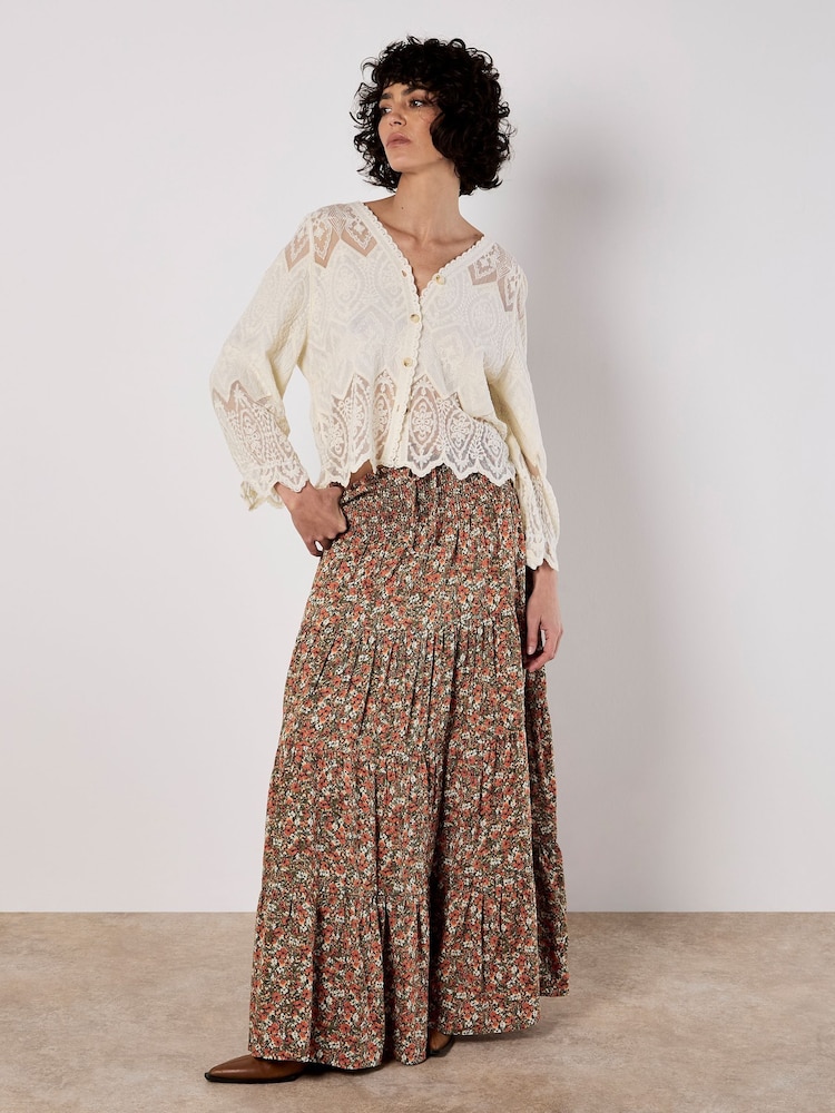 Apricot Green Ditsy Print Tiered Maxi Skirt - Image 2 of 4 Apricot Green Ditsy Print Tiered Maxi Skirt - Image 2 of 4